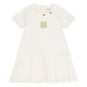 Younger Girls Ivory Logo Pleated Dress