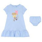 Baby Girls Blue Cotton Polo Bear Dress, 1, hi-res