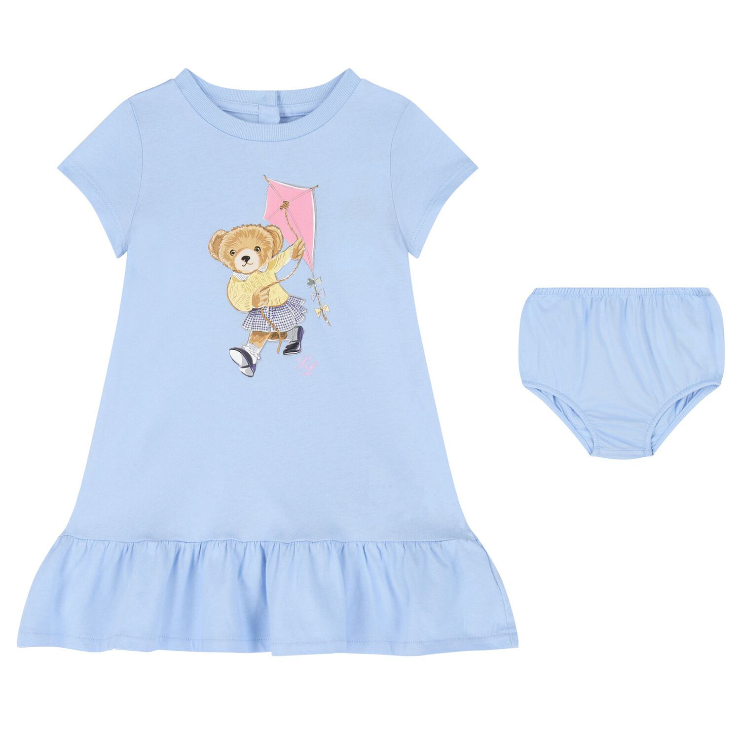 Baby Girls Blue Cotton Polo Bear Dress, 1, hi-res