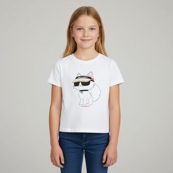 Girls White Choupette Logo T-Shirt, 2 Girls White Choupette Logo T-Shirt