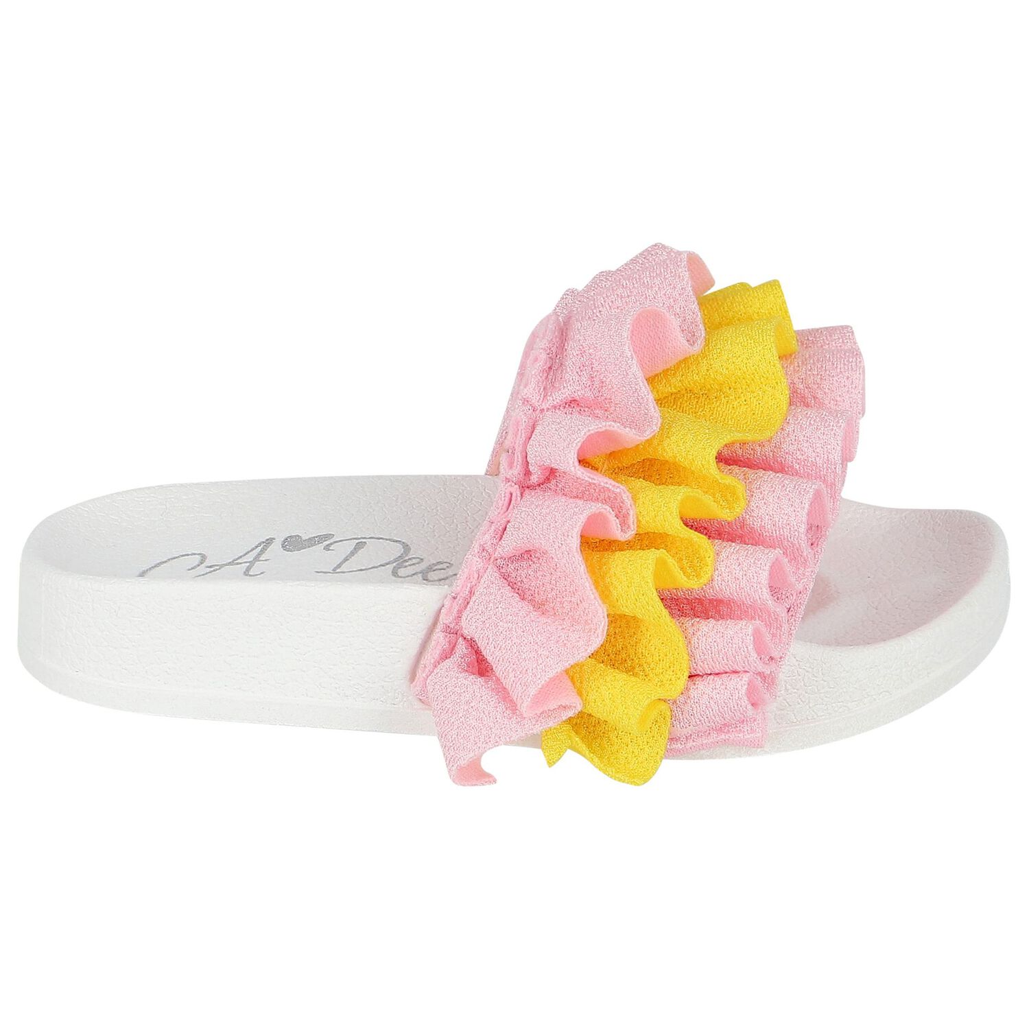 Girls Pink & Yellow Ruffle Sliders, 2, hi-res