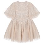 Girls Beige Sequin Tulle Dress , 1, hi-res
