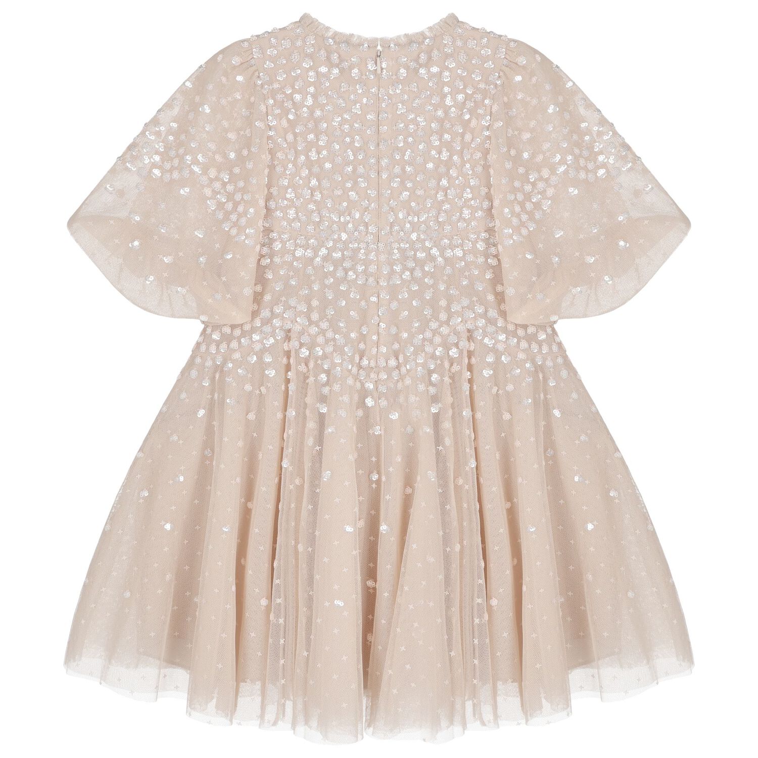 Girls Beige Sequin Tulle Dress , 1, hi-res