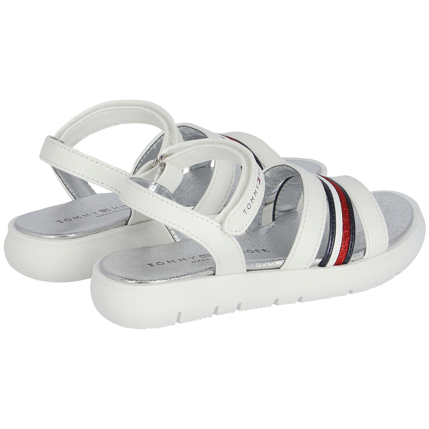 Girls White Stripe Logo Sandals, 1, hi-res