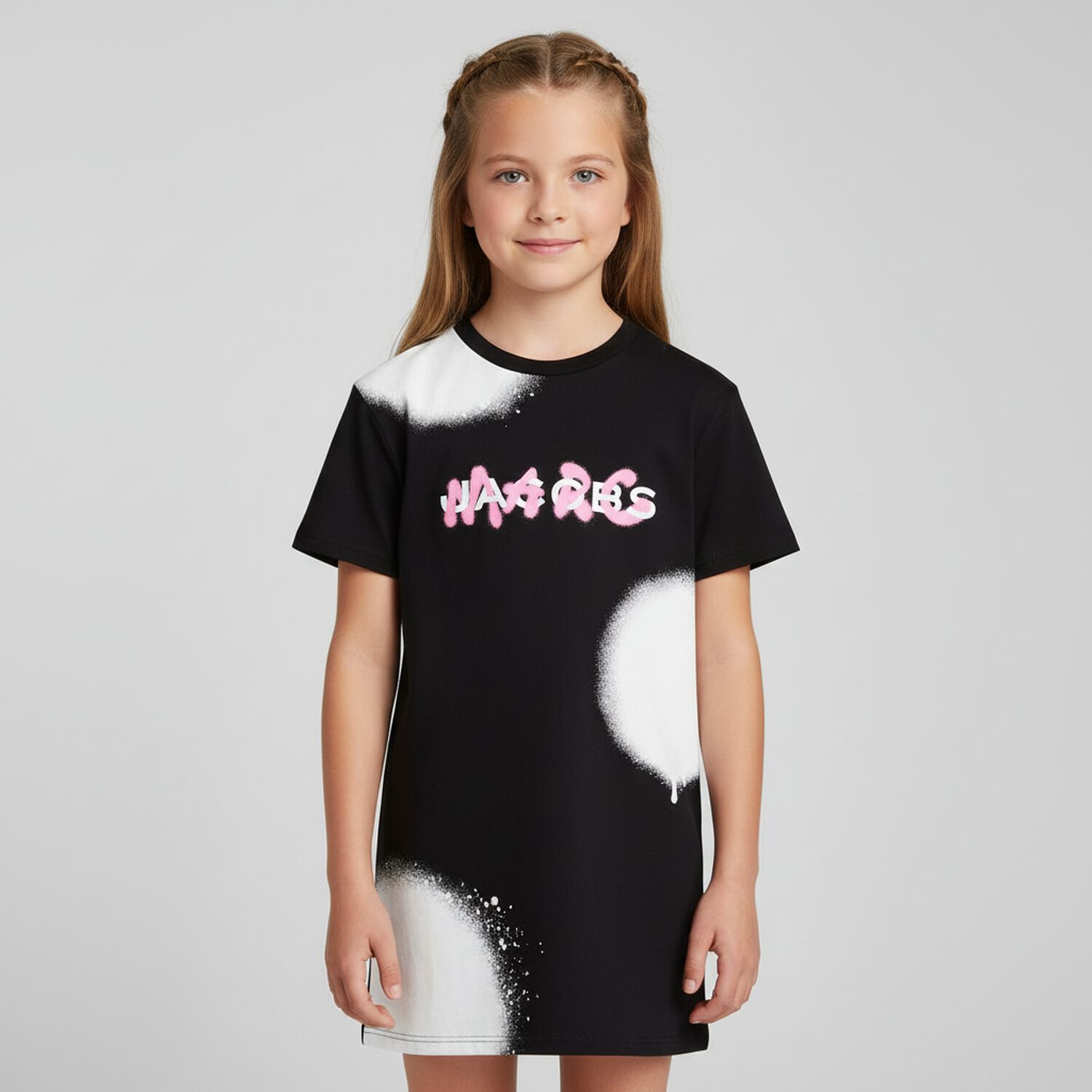 Girls Black & White Logo Dress, 1, hi-res