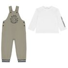 Younger Boys Green & White Ikonik Karl Dungaree Set , 1, hi-res