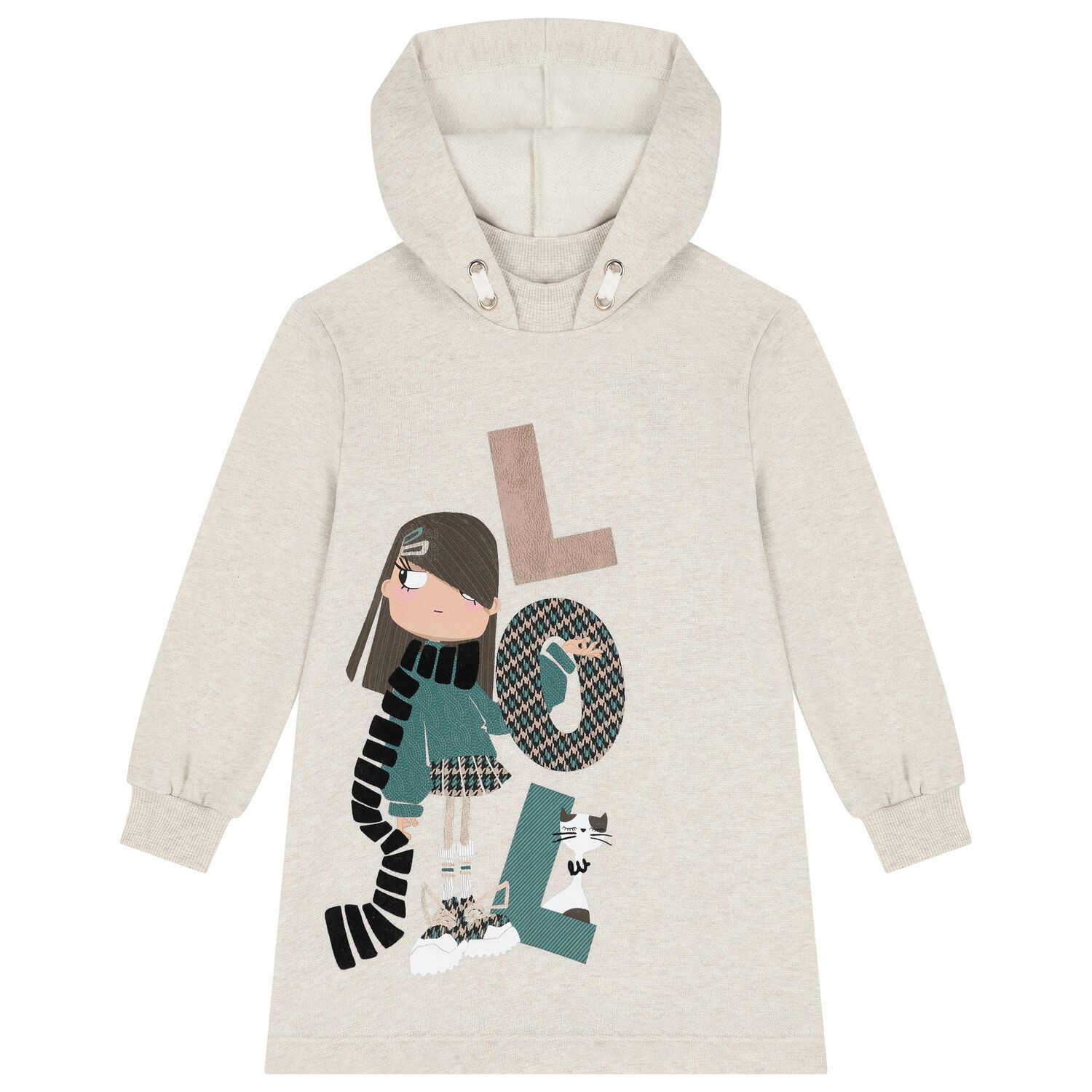 Girls Beige Hooded Sweatshirt Dress, 1, hi-res