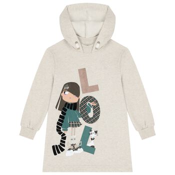 Girls Beige Hooded Sweatshirt Dress