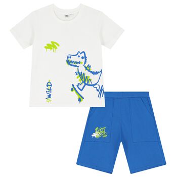 Boys White & Blue Dinosaur Shorts Set