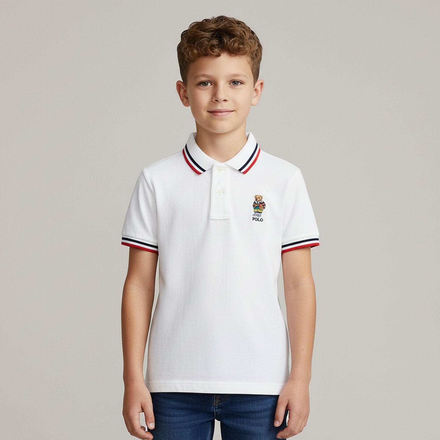 Boys White Bear Logo PiquÃ© Polo Shirt, 1, hi-res image number null