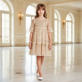 Girls Gold Sequin & Tulle Dress