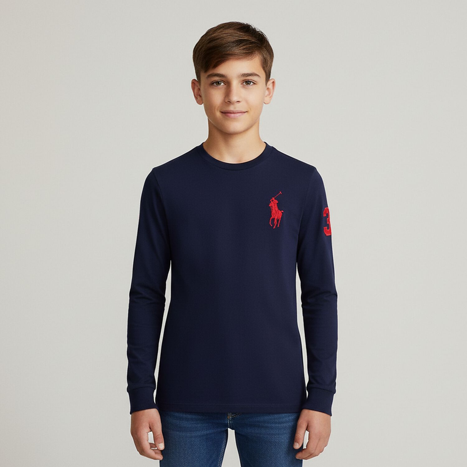 Boys Navy Blue Logo Long Sleeve Top, 1, hi-res image number null