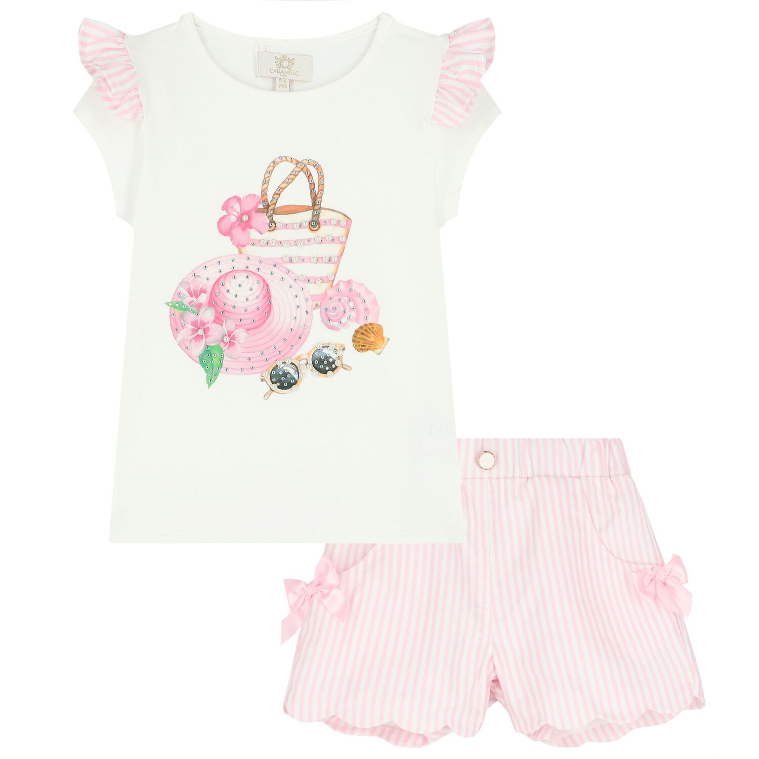 Girls Ivory & Pink Striped Shorts Set, 1, hi-res