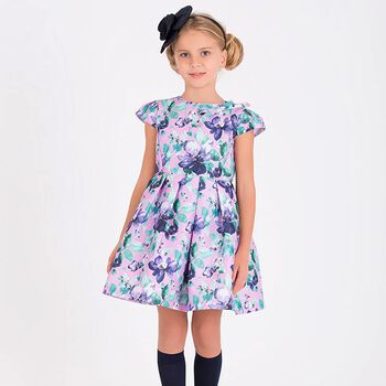 Girls Lilac Floral Satin Dress