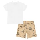Younger Boys White & Beige Teddy Bear Logo Shorts Set, 1, hi-res