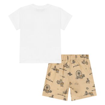Younger Boys White & Beige Teddy Bear Logo Shorts Set