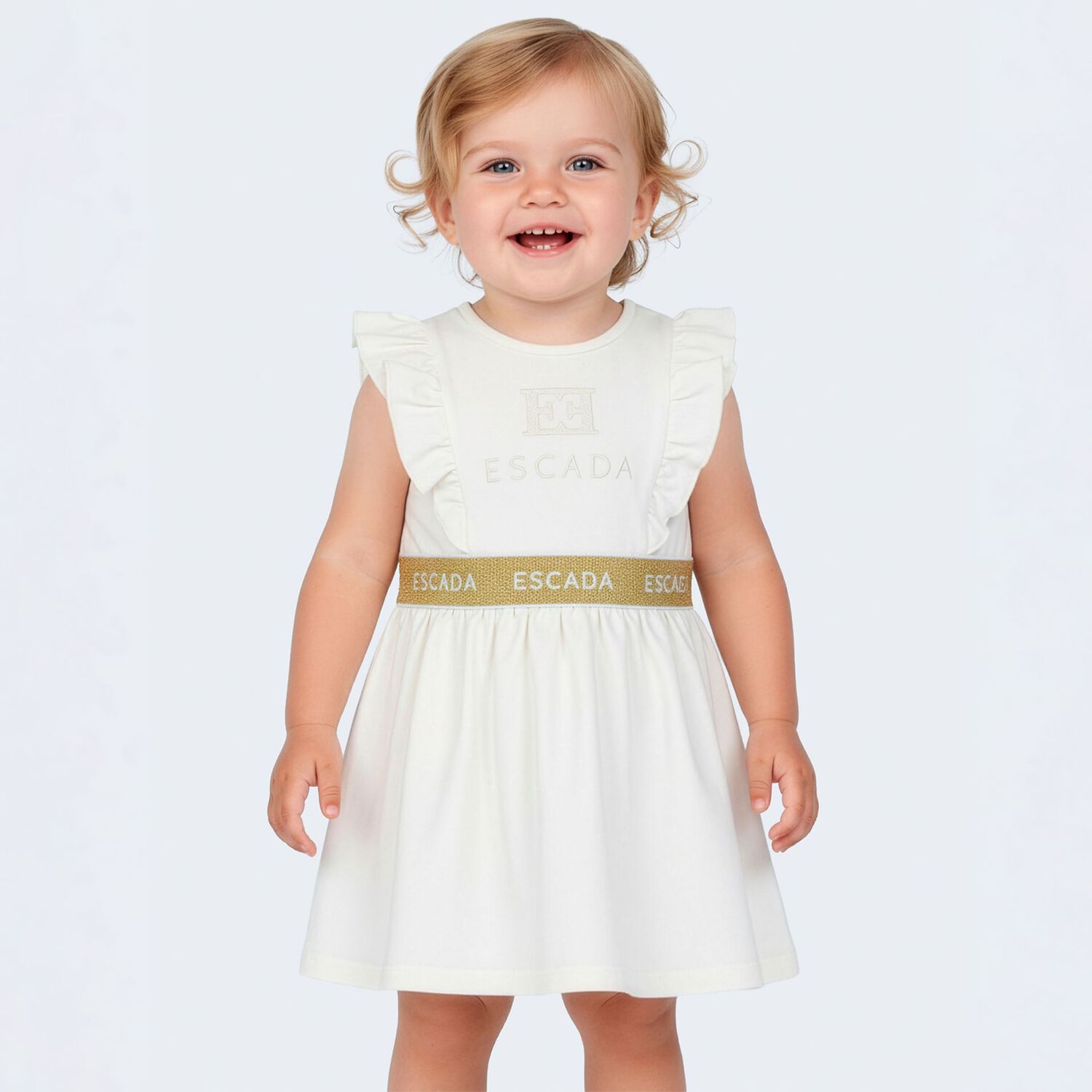 Younger Girls Ivory & Gold Ruffled Logo Dress, 1, hi-res