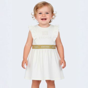 Younger Girls Ivory & Gold Ruffled Logo Dress