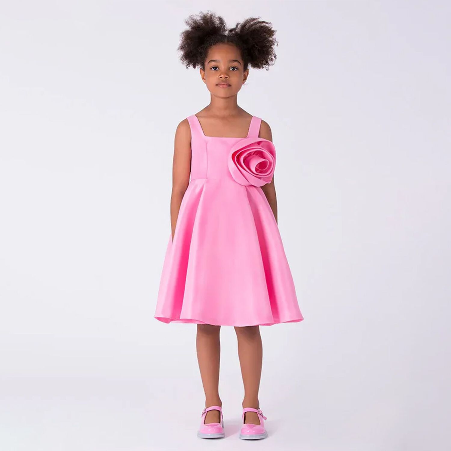 Girls Pink Satin Floral Applique Dress, 2, hi-res