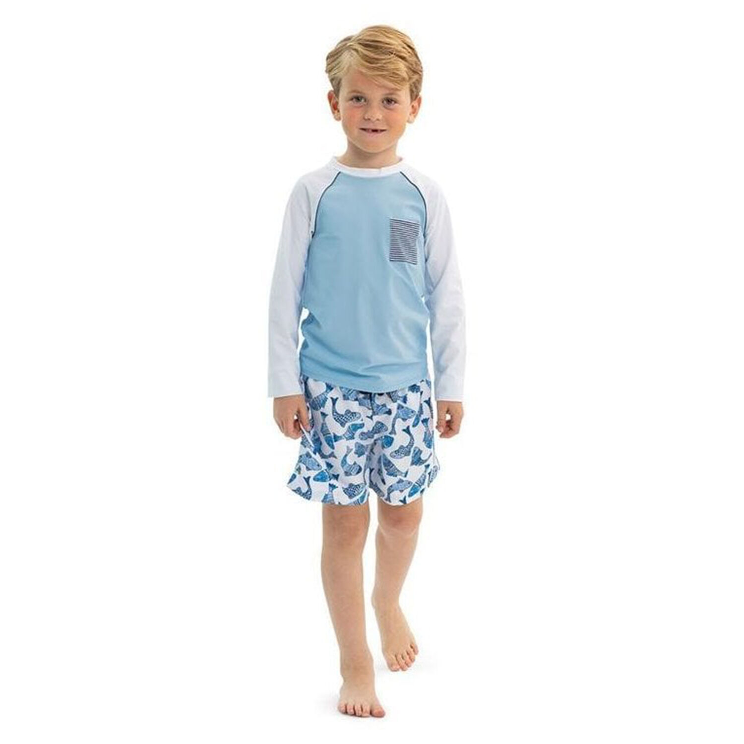 Boys White Batik Fish Swim Short, 1, hi-res