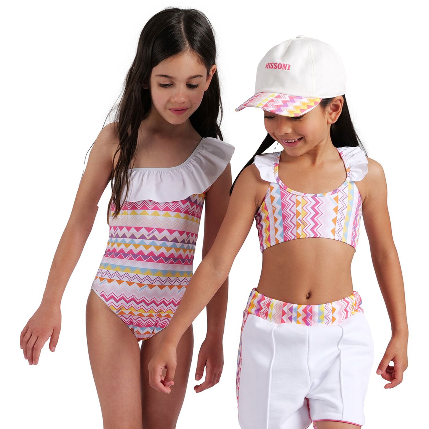 Girls White & Pink Zig Zag Swimsuit, 1, hi-res