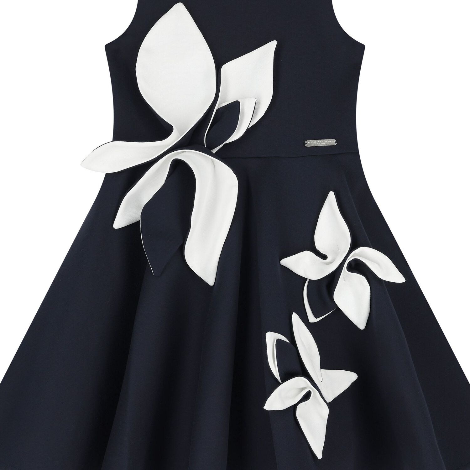 Girls Navy Blue & White Satin Floral Dress, 2, hi-res image number null