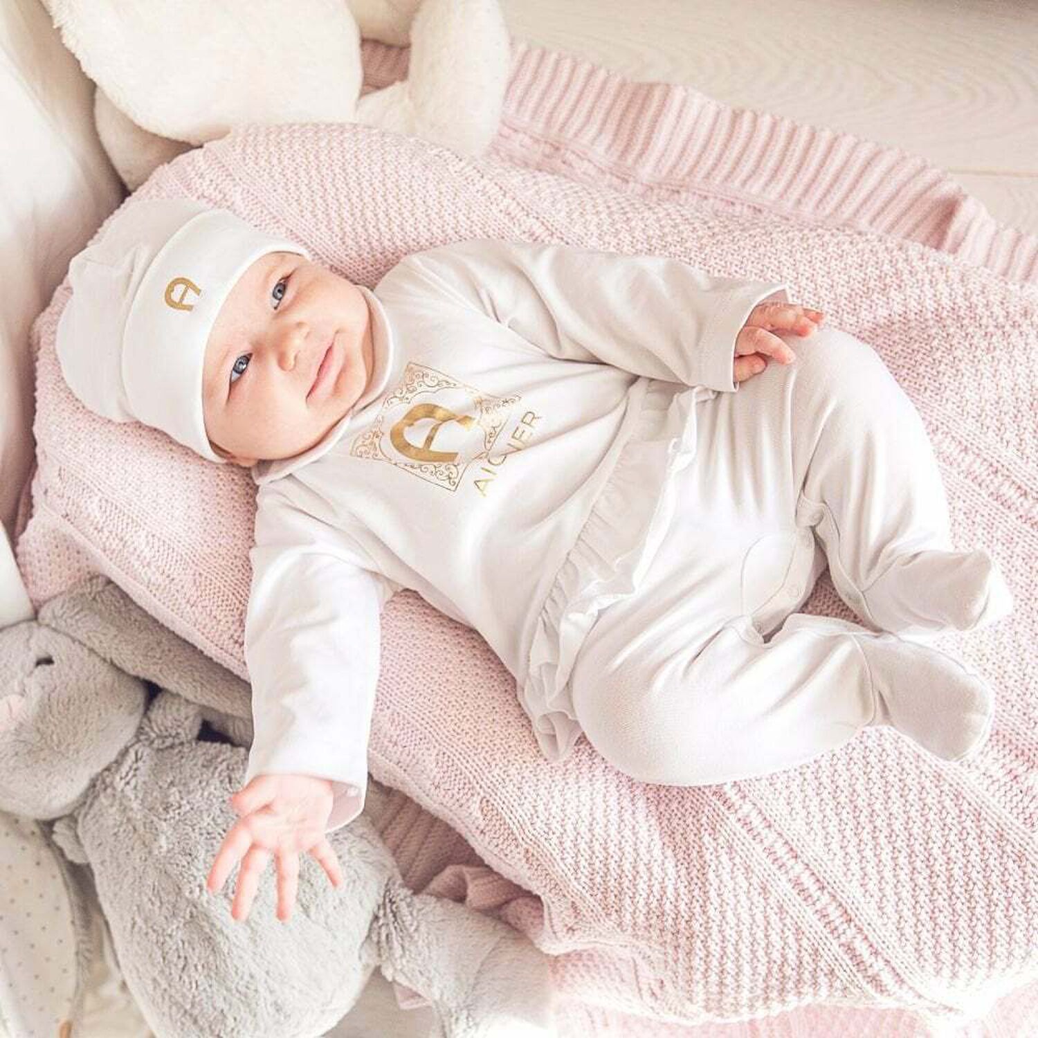 Baby Girls White & Gold Logo Babygrow, 2, hi-res