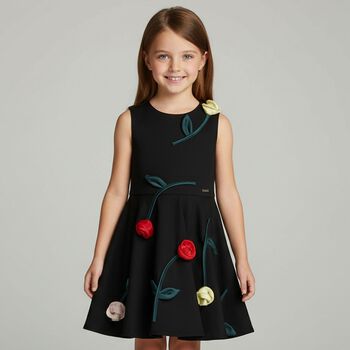 Girls Black Rose Satin Dress