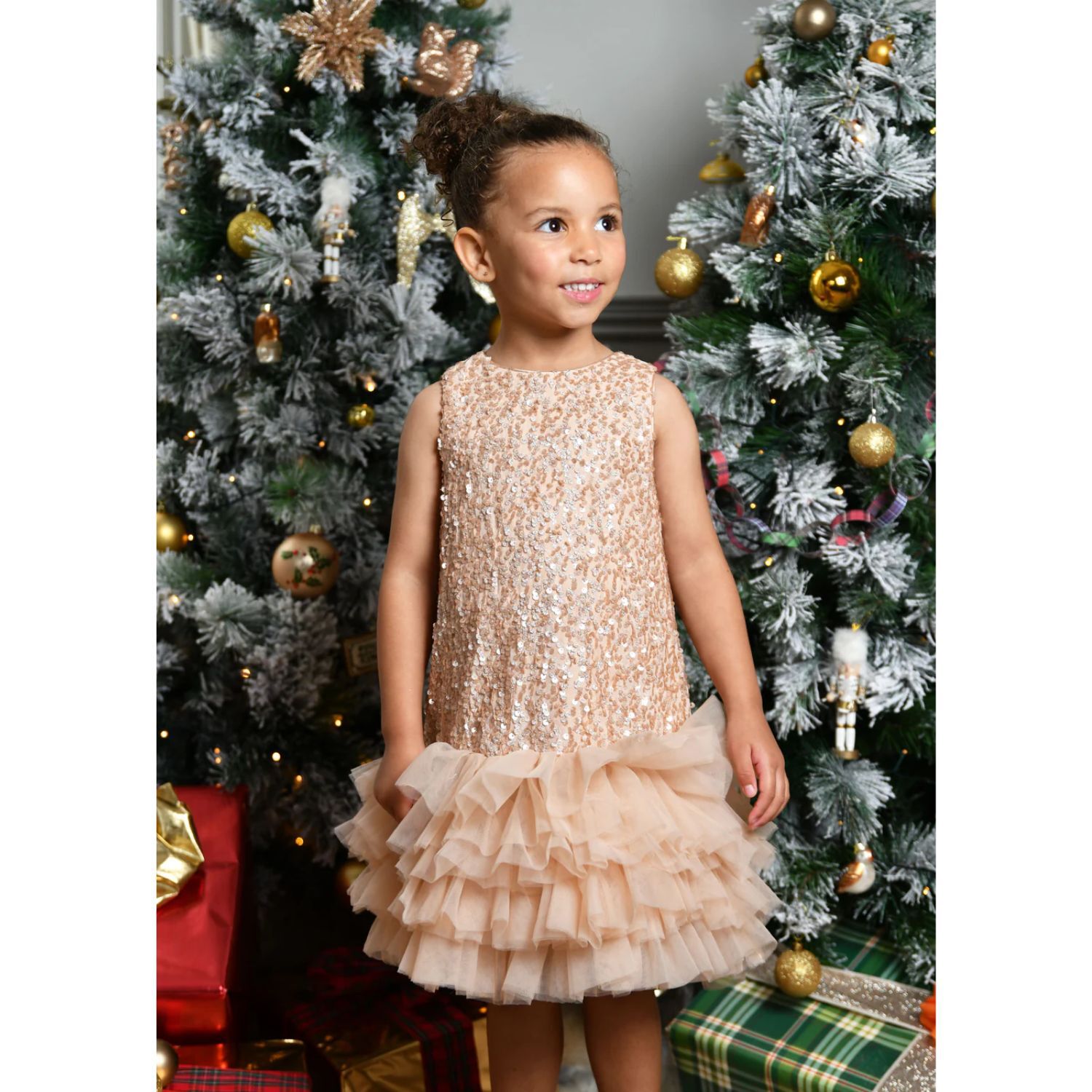 Girls Beige Embellished Tulle Dress, 2, hi-res image number null