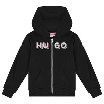 Girls Black Logo Hooded Top
