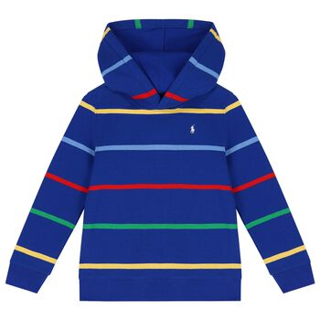 Boys Blue Logo Striped Hooded Top