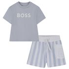 Baby Boys Blue & White Logo Shorts Set, 2, hi-res