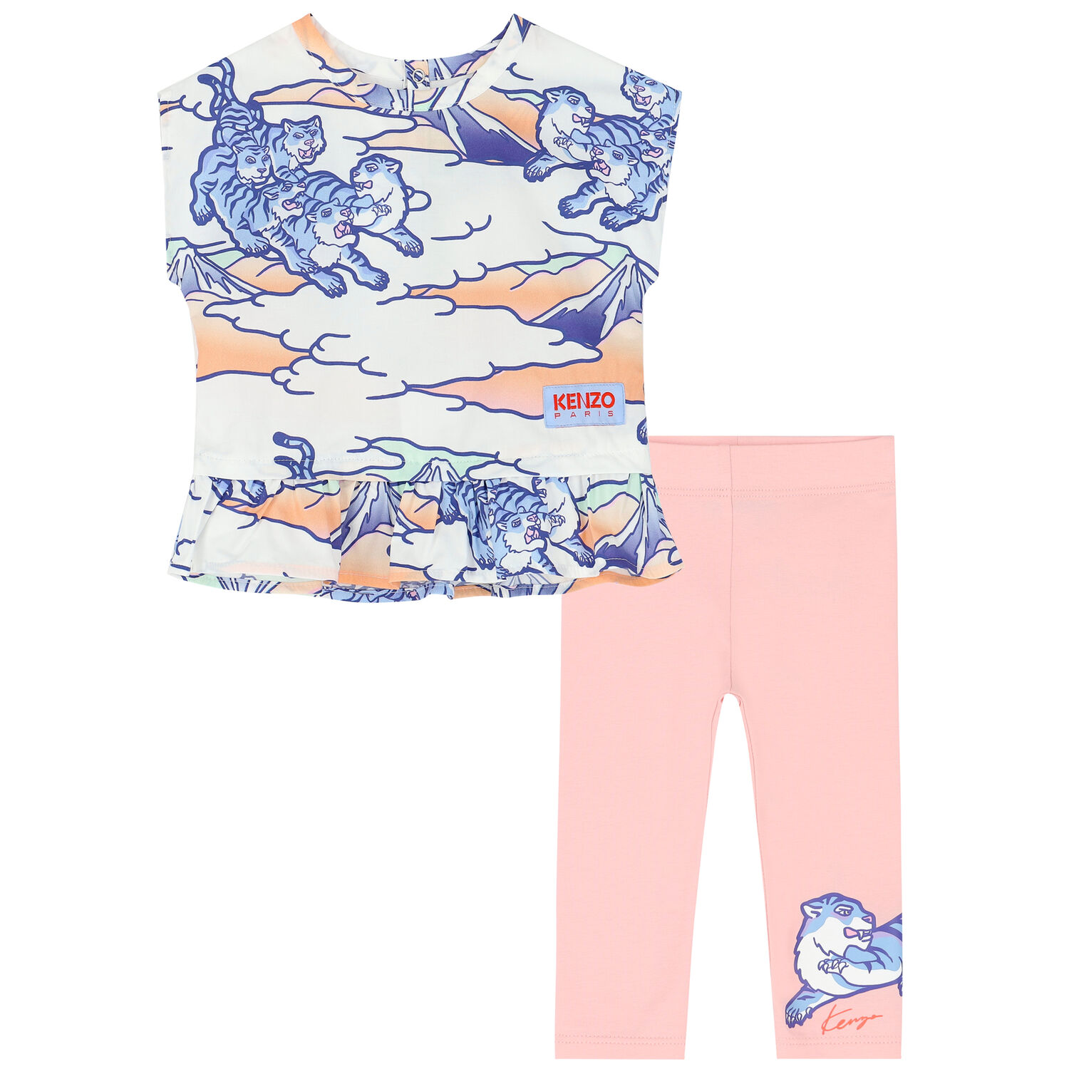 Younger Girls White & Pink Tiger Leggings Set, 1, hi-res