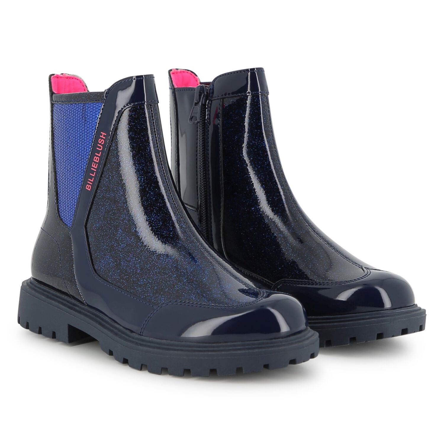 Girls Navy Blue Faux Leather Boots , 1, hi-res