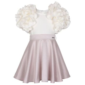Girls White & Pink Jacquard Ruffle Dress