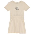 Girls Beige Glittery Logo Dress, 1, hi-res
