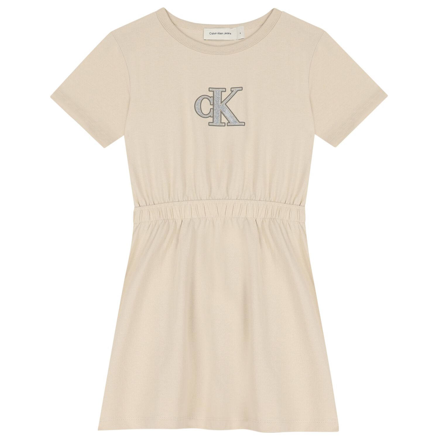 Girls Beige Glittery Logo Dress, 1, hi-res
