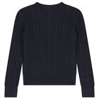 Girls Navy Blue Logo Cable Knit Jumper, 1, hi-res