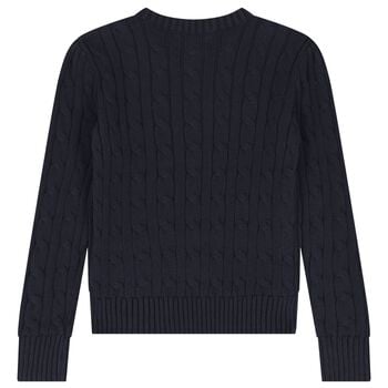 Girls Navy Blue Logo Cable Knit Jumper