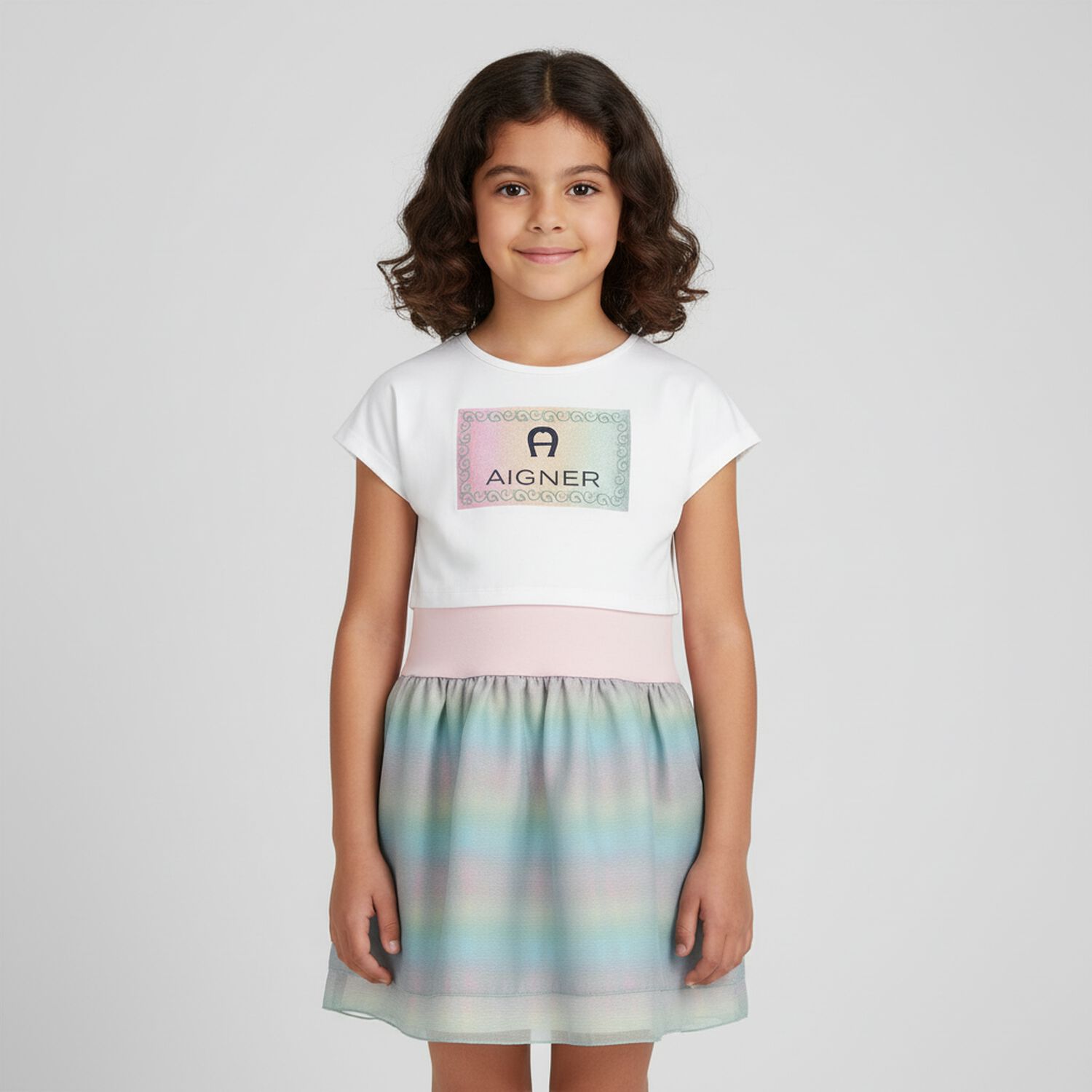 Girls White, Pink & Green Logo Dress Set, 1, hi-res