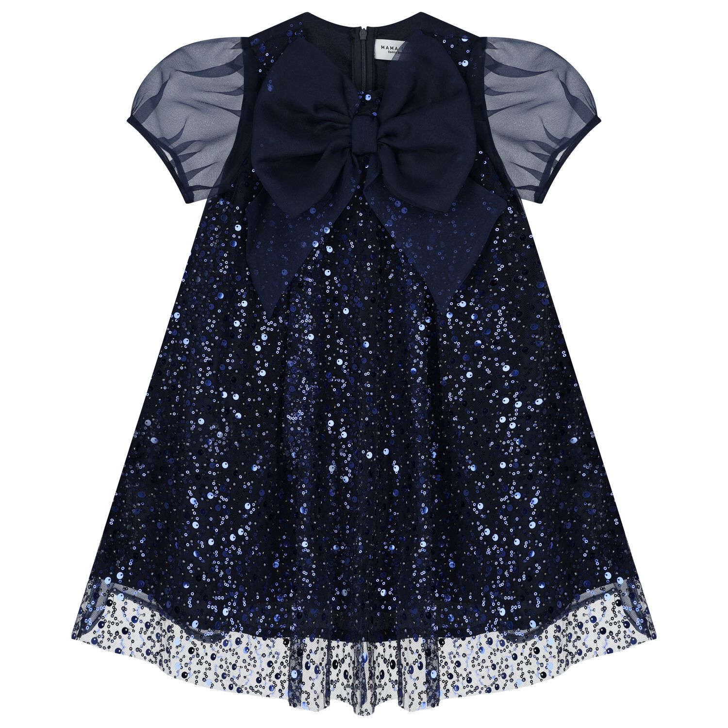 Girls Navy Blue Chiffon & Tulle Sequin Dress, 1, hi-res