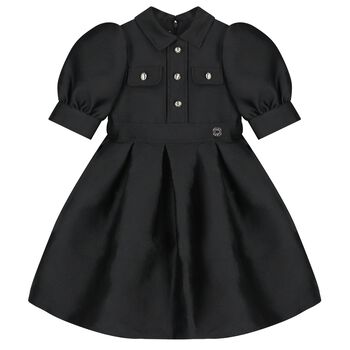 Girls Black Satin Jacquard Logo Dress