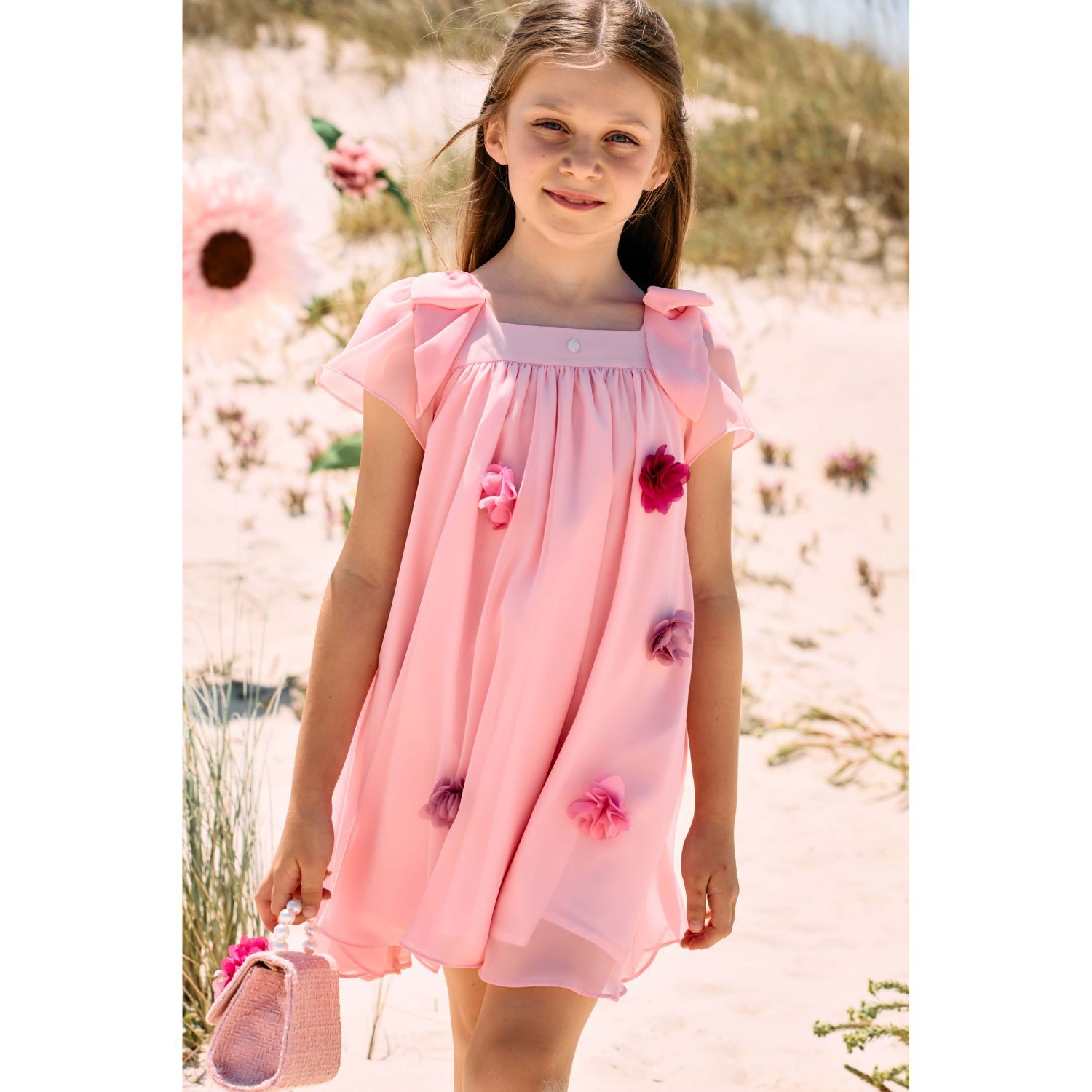 Girls Pink Chiffon Floral Dress, 1, hi-res