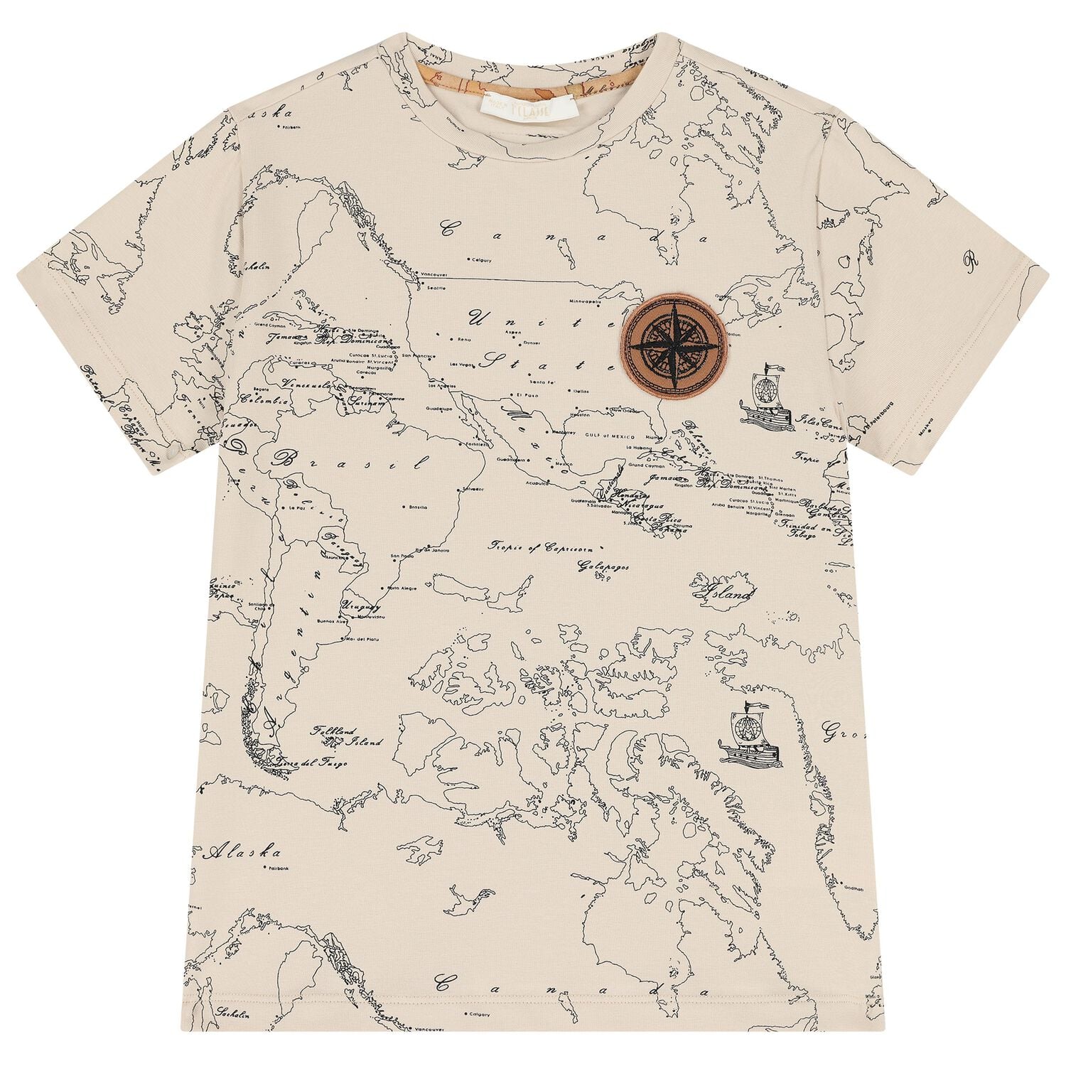 Boys Beige Compass Geo Map T-Shirt, 1, hi-res
