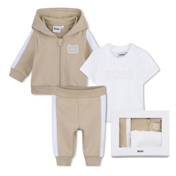 Baby Boys Beige Logo Hooded Tracksuit Gift Set