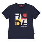 Younger Boys Navy Blue Logo T-Shirt, 2, hi-res