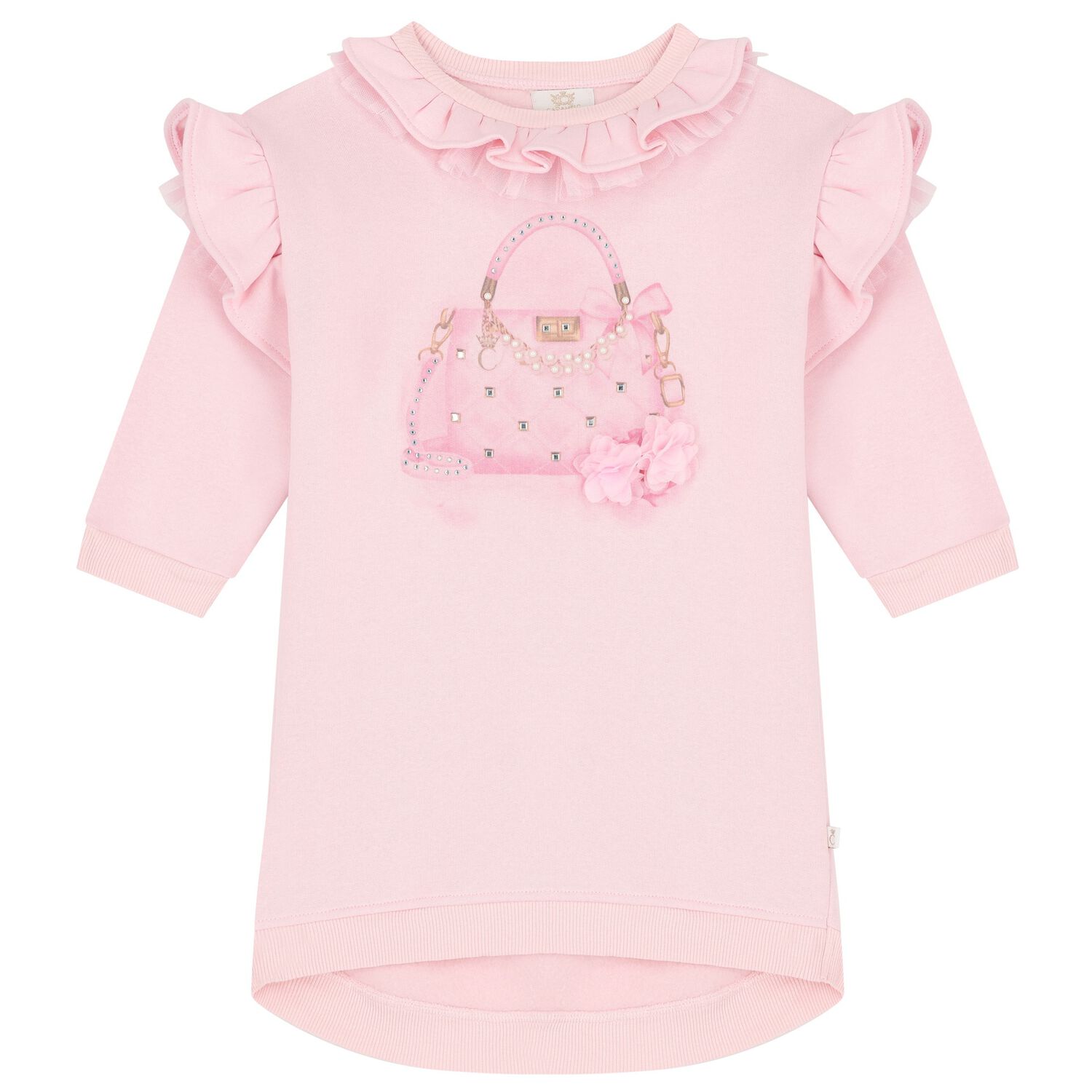 Girls Pink Logo Bag Ruffled Dress, 2, hi-res