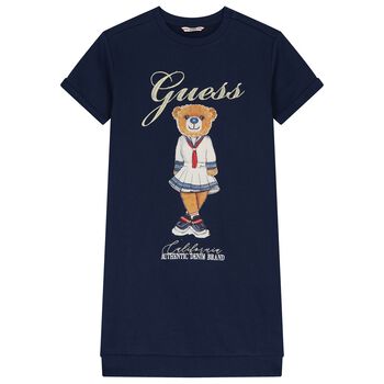 Girls Navy Blue Logo Teddy Bear Logo Dress