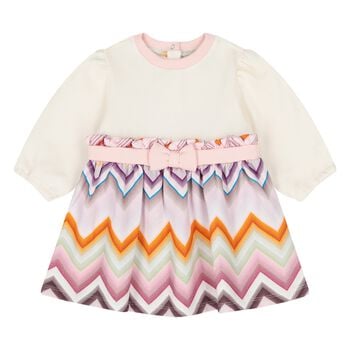 Younger Girls Ivory & Pink Zig Zag Dress