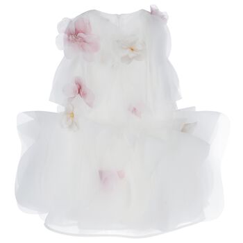 Girls White & Pink 3D Floral Organza Dress